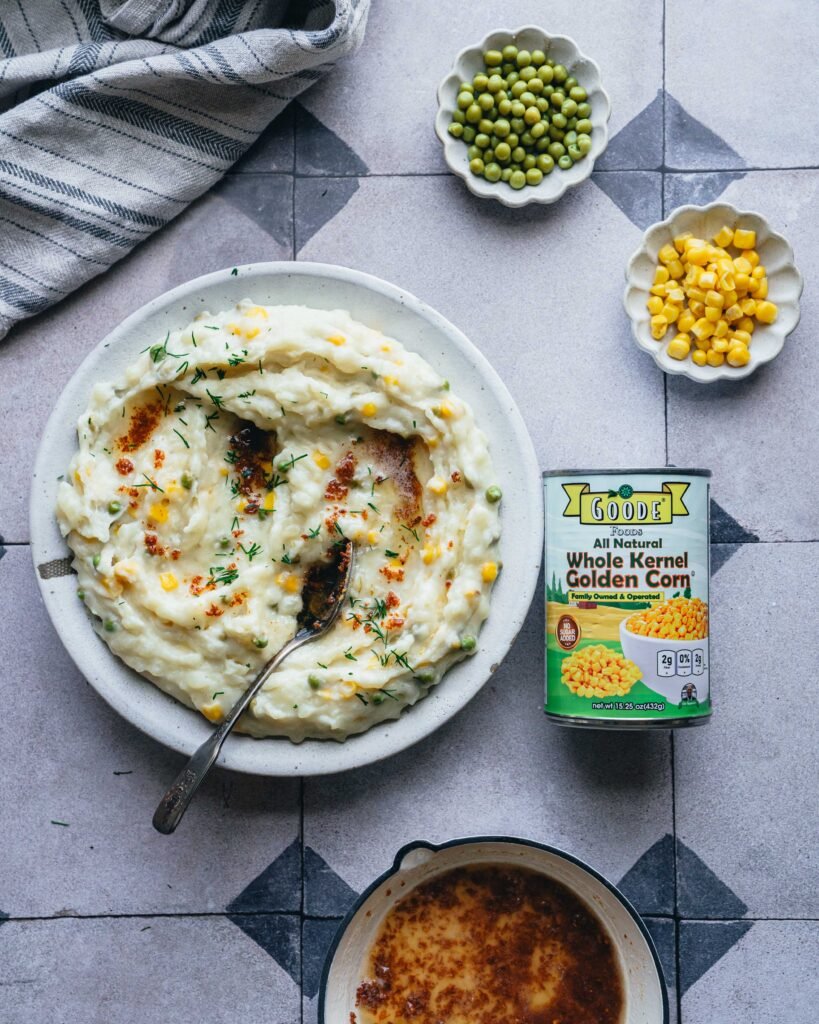 Mashed potatoes with peas and corn