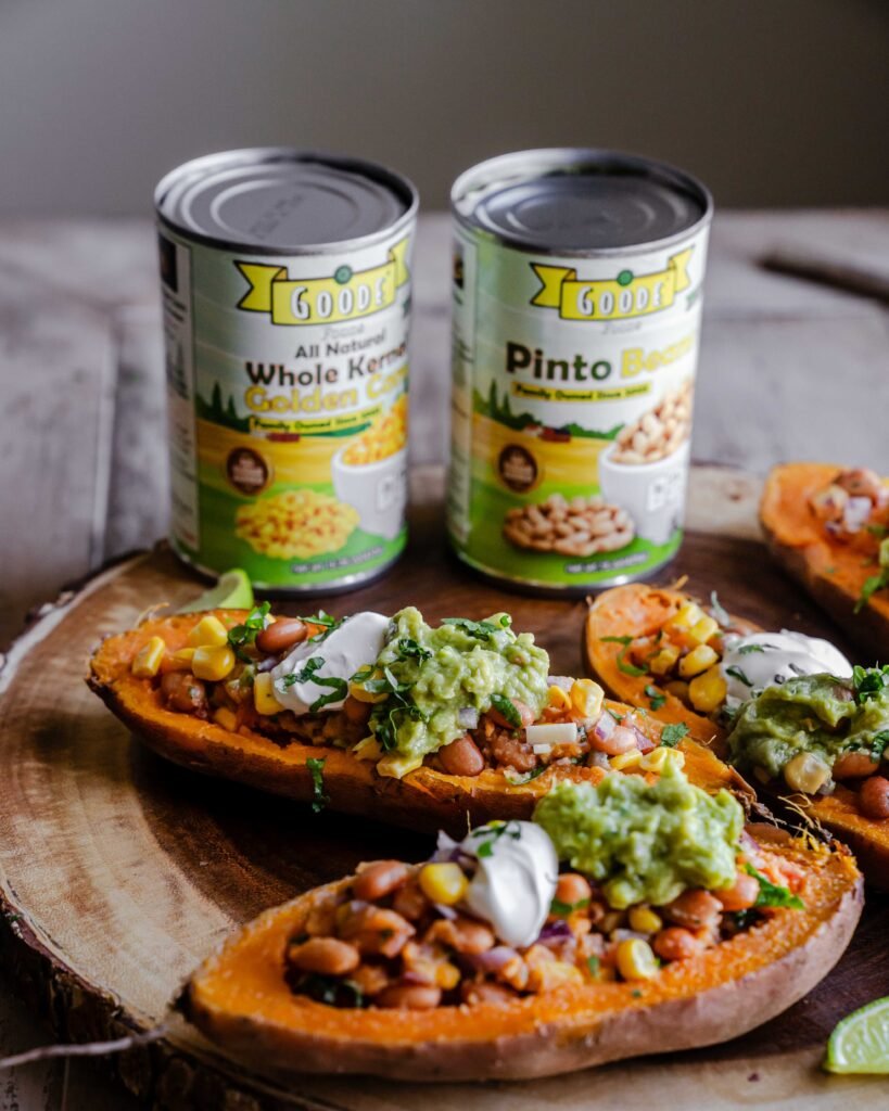 Sweet potato stuffed with pinto beans and corn