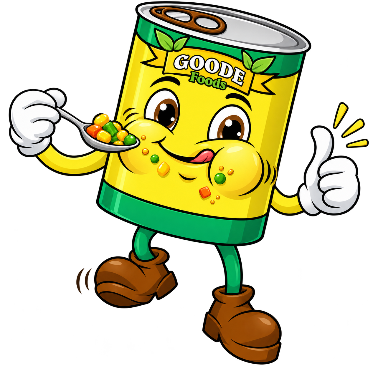 Goode Foods mascot eating a forkful of vegetables and giving a thumbs up