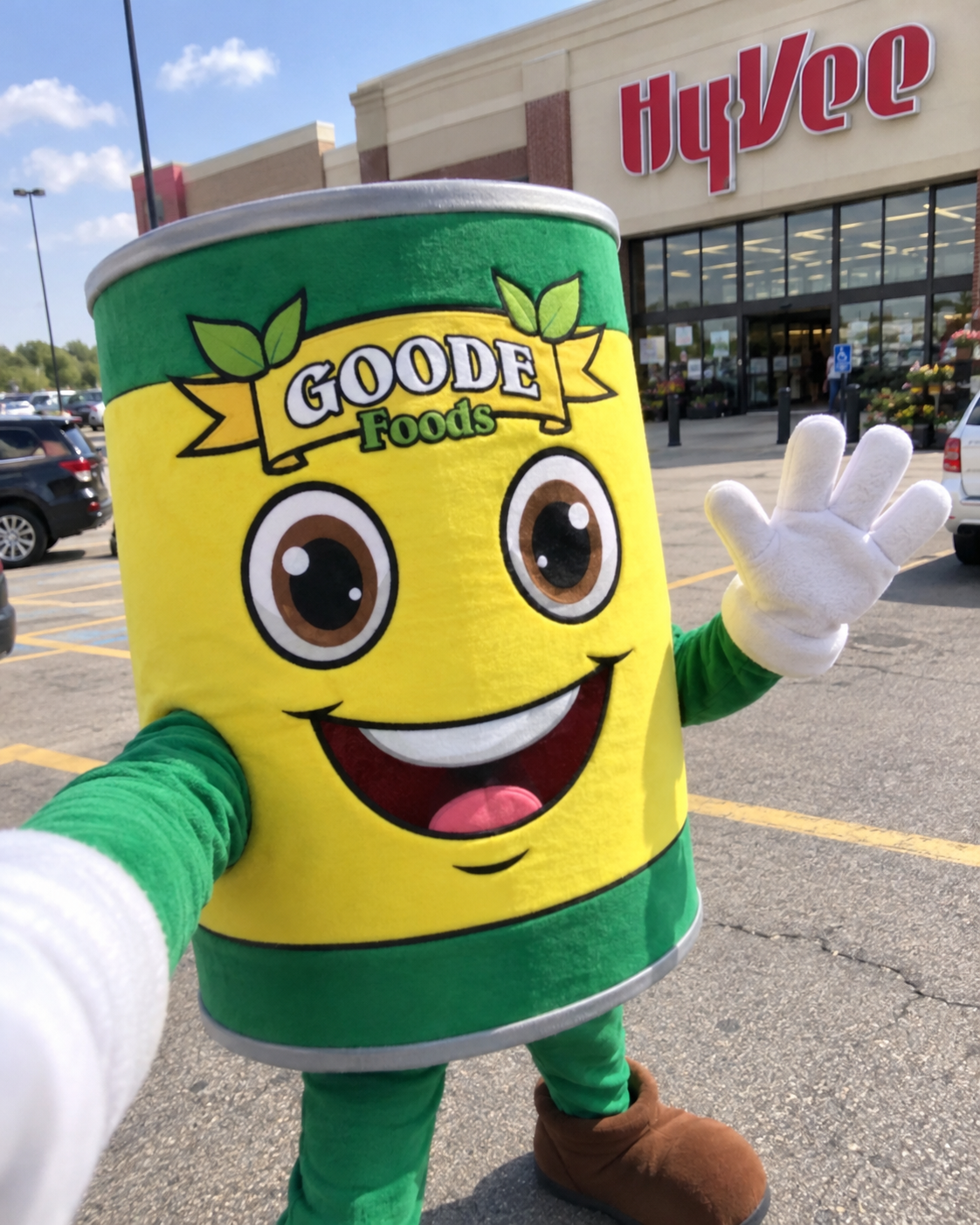 Goode Foods mascot waving outside a Hy-Vee grocery store