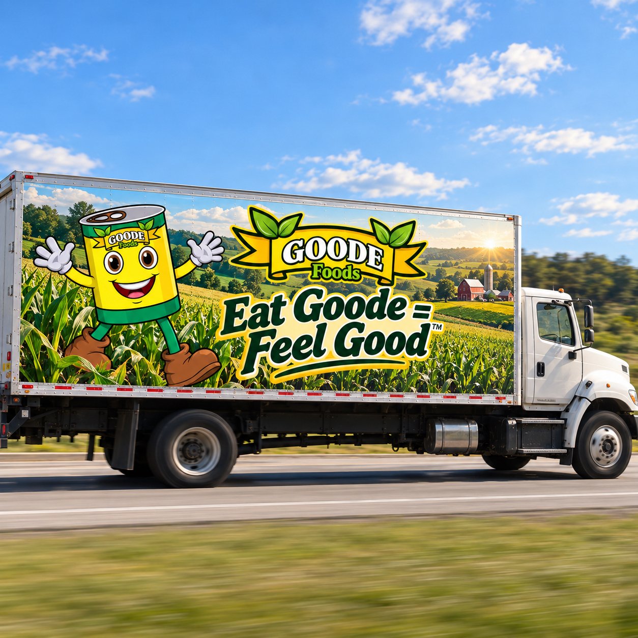 Goode Foods delivery truck with the Eat Goode Feel Good mascot wrap driving past Midwest farm fields