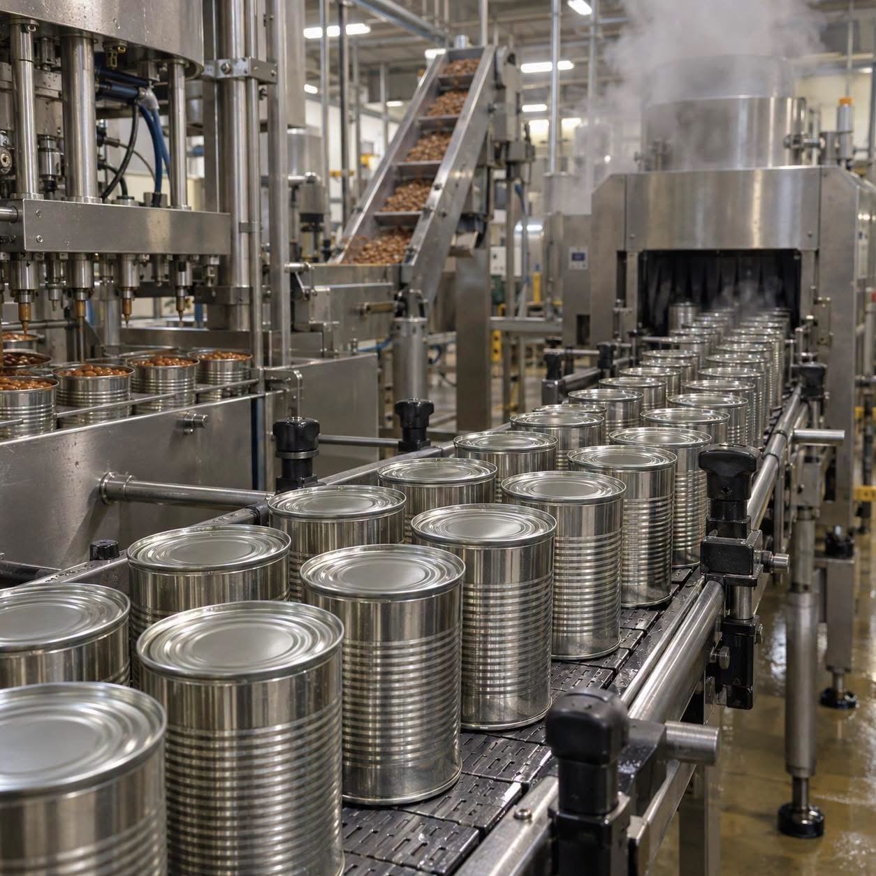 Canning production line with filled cans moving along a conveyor belt inside a canned food manufacturing facility