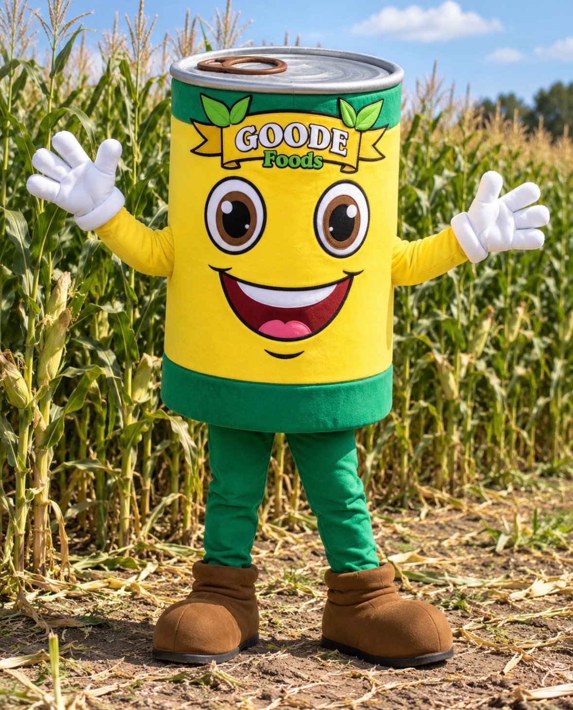 Goode Foods mascot, a costumed canned vegetable character waving in a cornfield