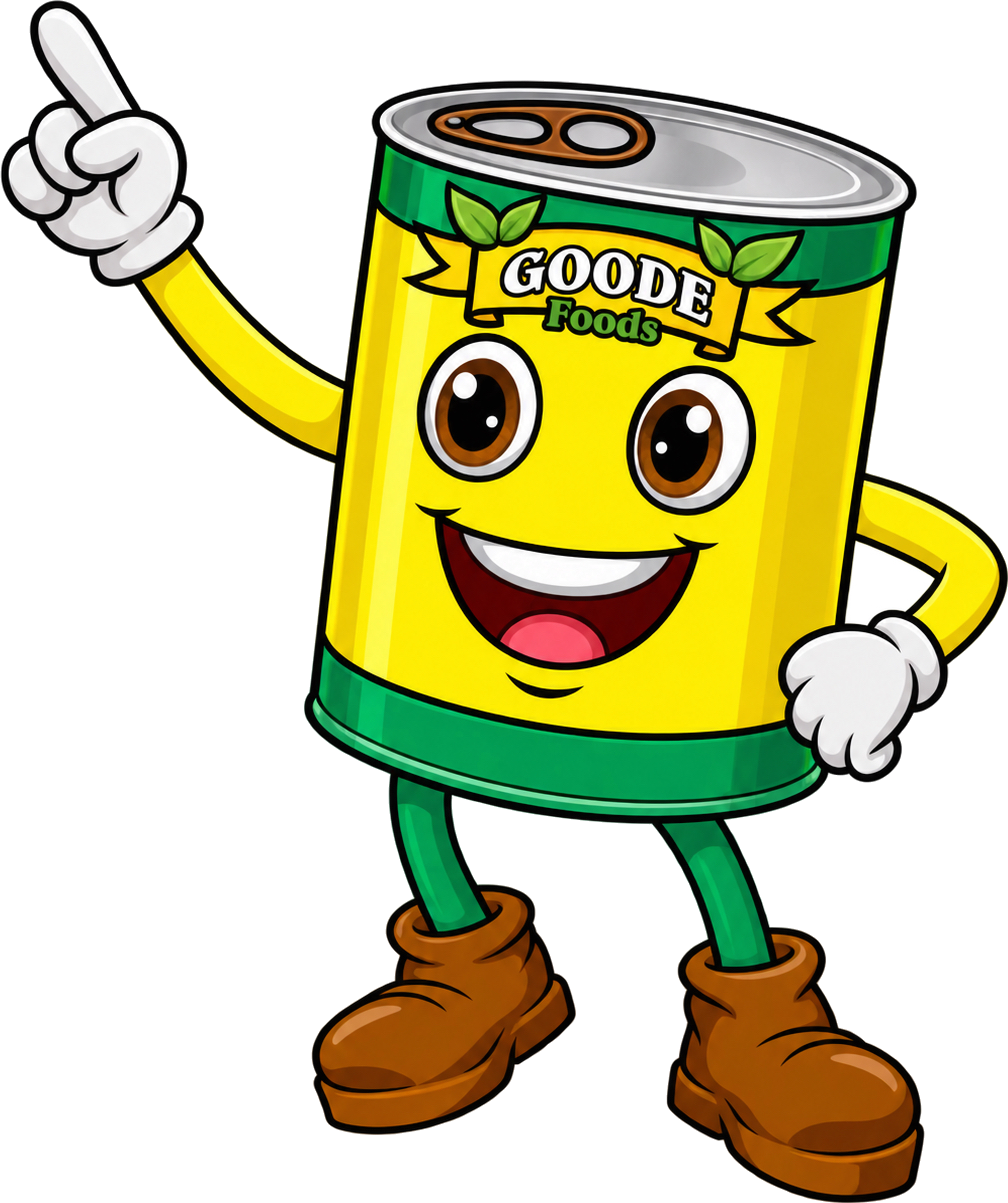 Goode Foods mascot, a smiling canned vegetable character pointing up to Follow the Family social links