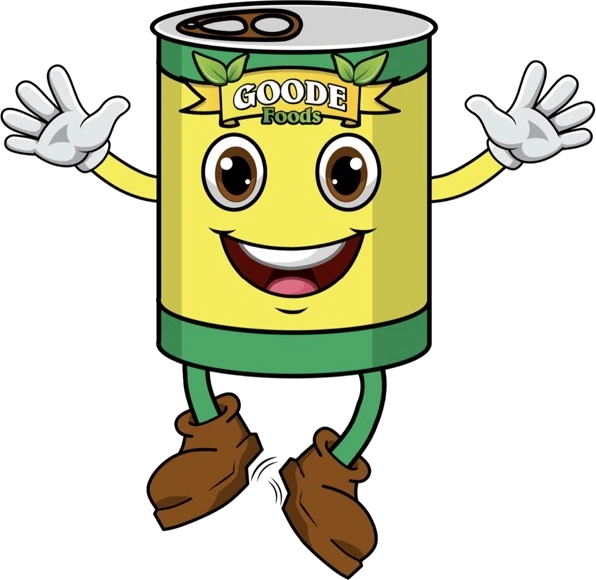 The Goode Foods mascot cheering next to store directions